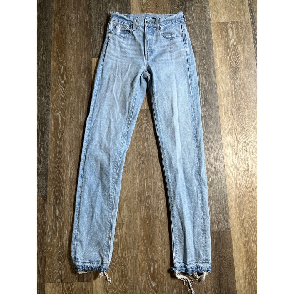 American Eagle Slim Jeans Womens 00 Long Light Blue Excellent Raw Hem Stretch